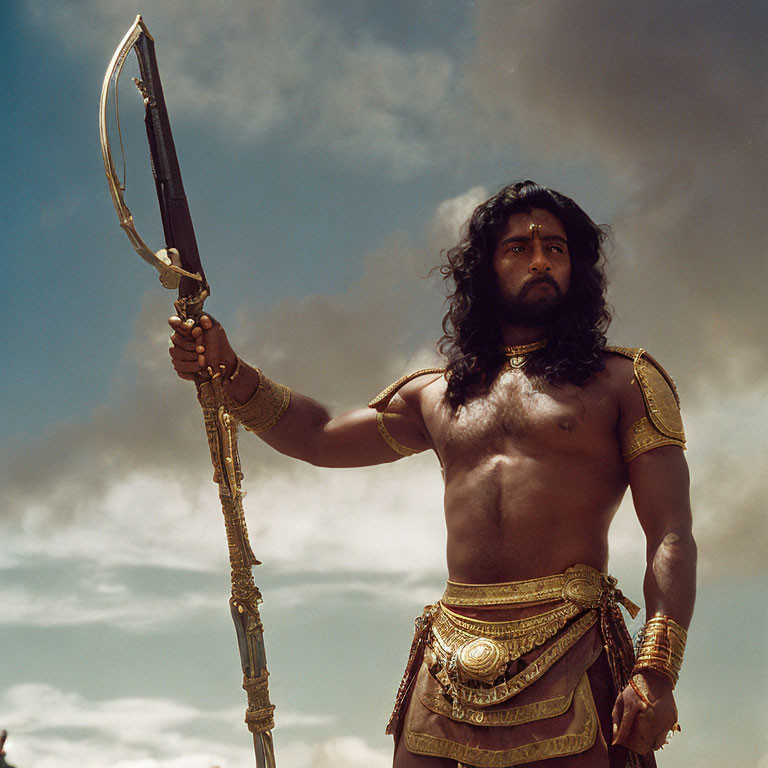 Muscular man in gold armor with bow against cloudy sky.