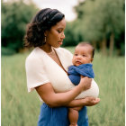 Woman with Baby in Green Field, Cream Blouse, Blue Pants