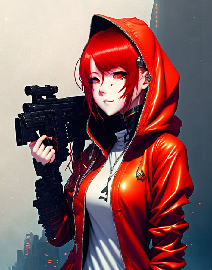 Red-haired anime-style girl in red hoodie with gun in cityscape.