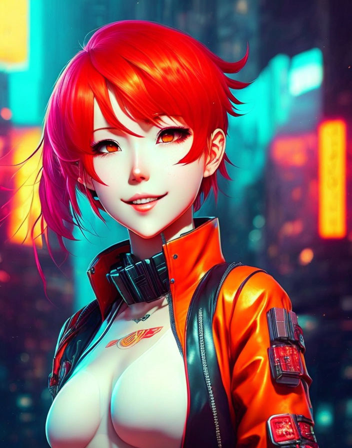 Digital Art: Smiling Female Character with Red Hair in Futuristic Orange Jacket