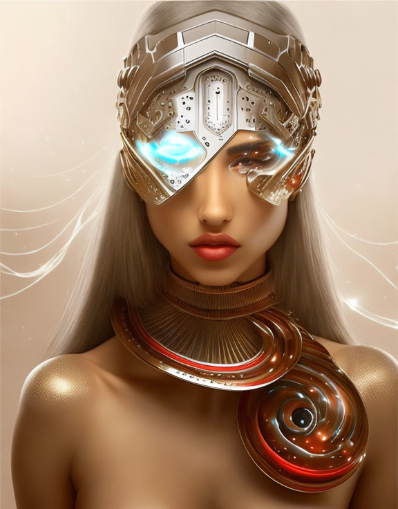 Futuristic digital artwork of a woman with metallic headgear and glowing blue eyes