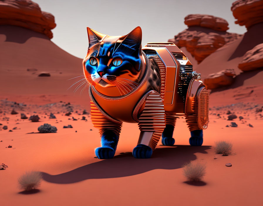 Futuristic robotic cat in desert with glowing orange stripes