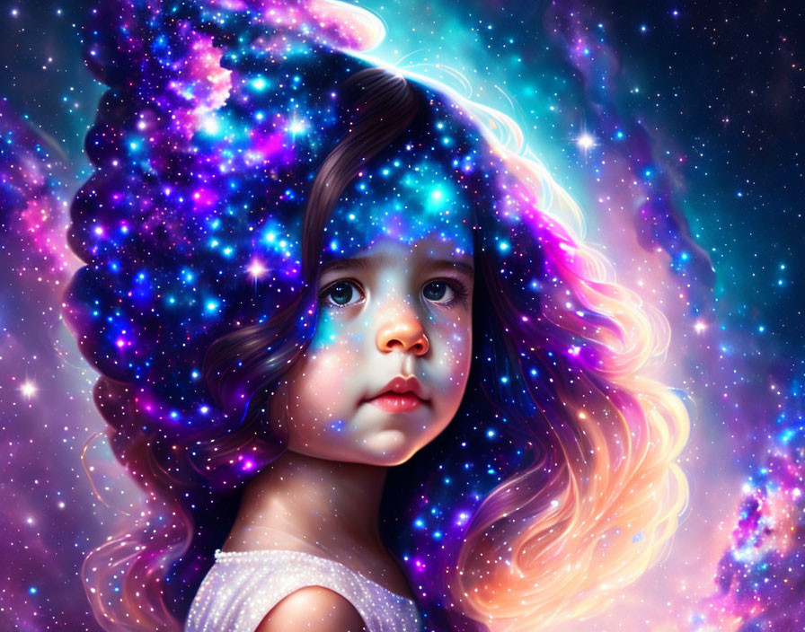 Curly Haired Young Girl Blended with Cosmic Galaxy on Dark Background