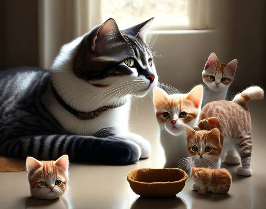 Adult cat with kittens beside food bowl in warm-lit indoor setting