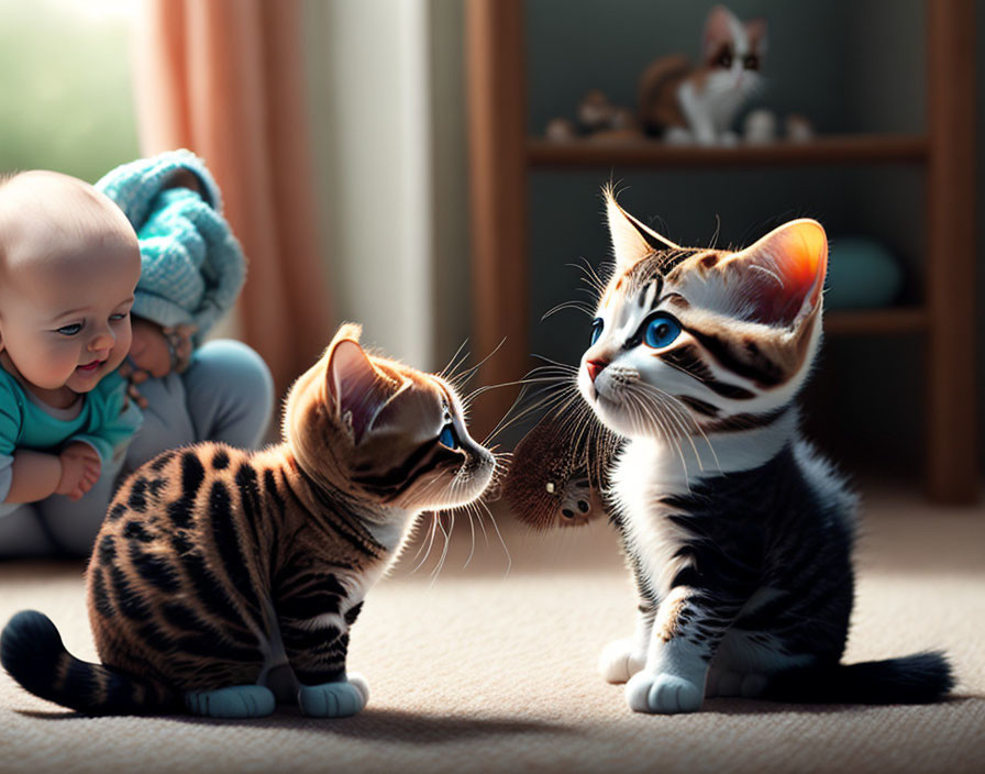 Curious baby watches two kittens with butterfly indoors