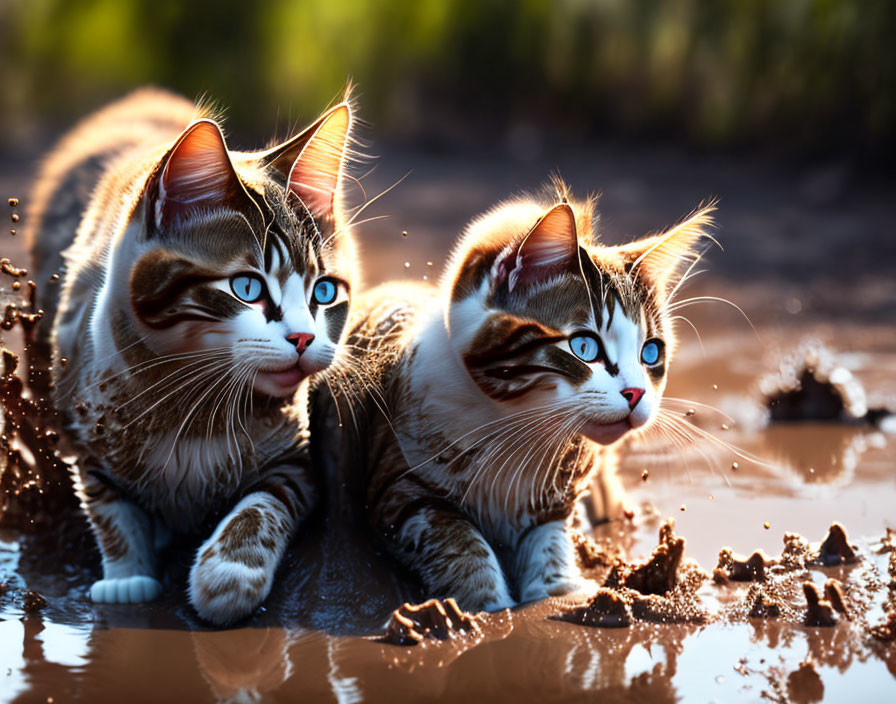 Two Tabby Cats with Striking Blue Eyes Sitting in Mud Under Sunlight