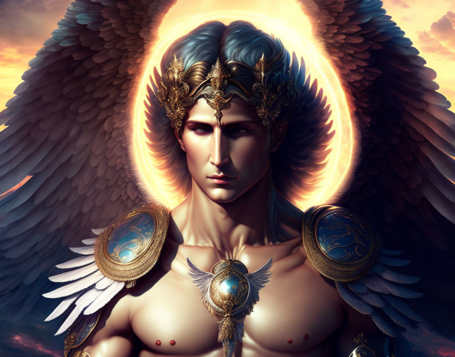 Golden-armored angel with white wings and halo in dramatic sky