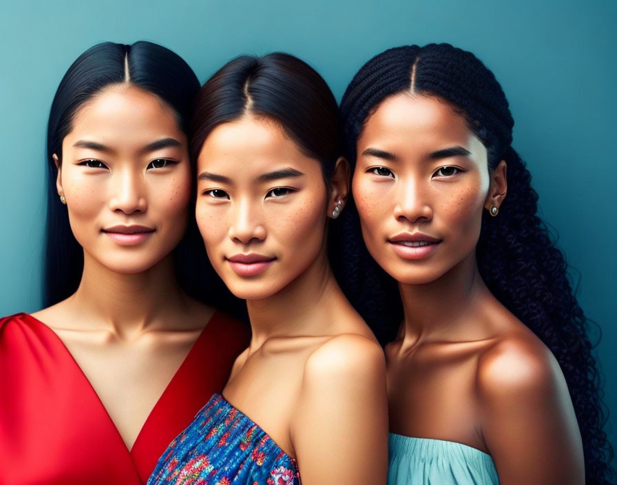 Three Women Smiling in Red, Blue, and Light Blue Attire