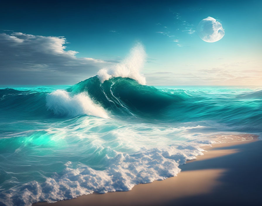 Moonlit Beach Scene with Cresting Wave