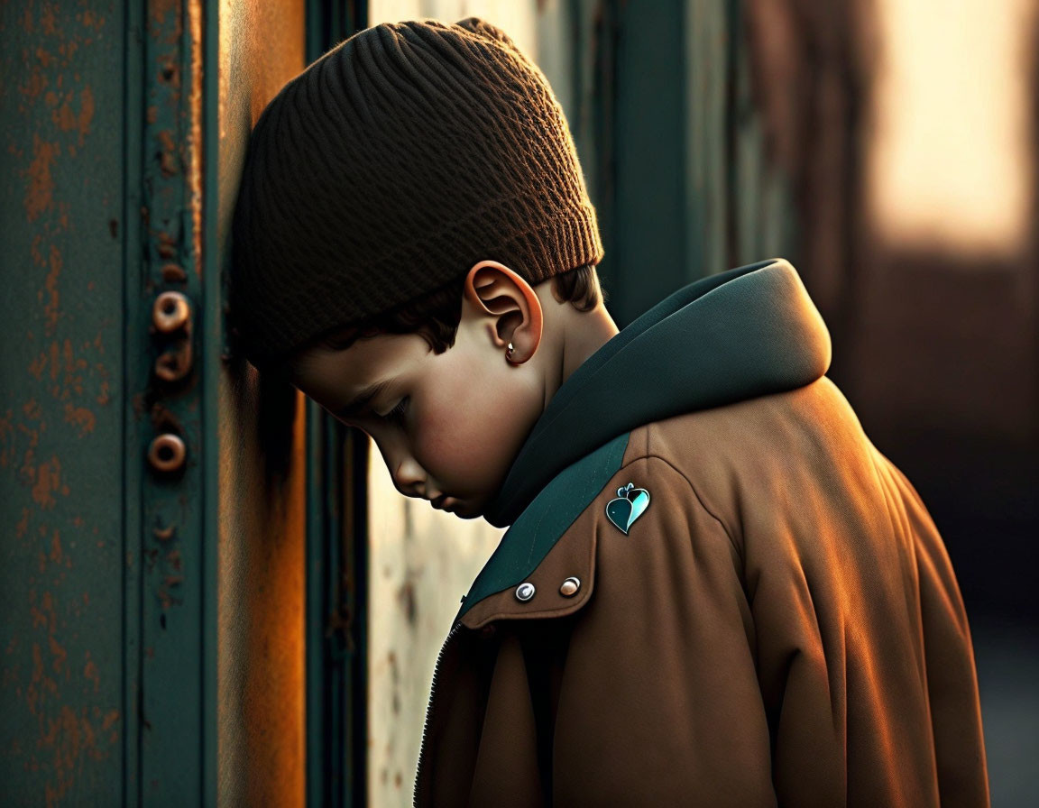 Child in brown beanie and coat leaning against rusty door at golden hour