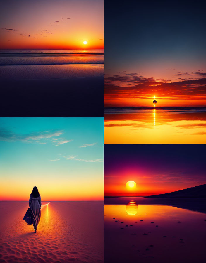 Four Vibrant Sunset Scenes: Beach, Water Reflection, Silhouette on Sand Dunes, Sun's