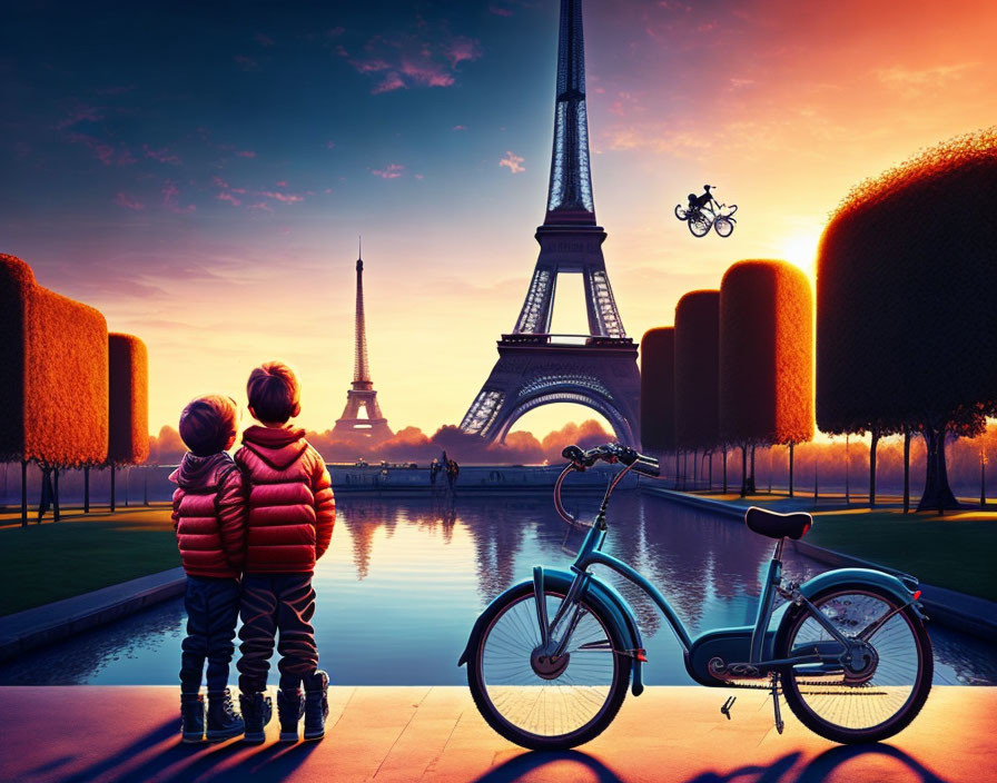 Children viewing Eiffel Tower at sunset with bike and cycling silhouette.