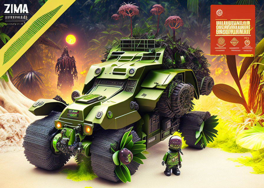 Camouflage Toy Military Vehicle in Jungle Setting with Figure and Reddish Sun