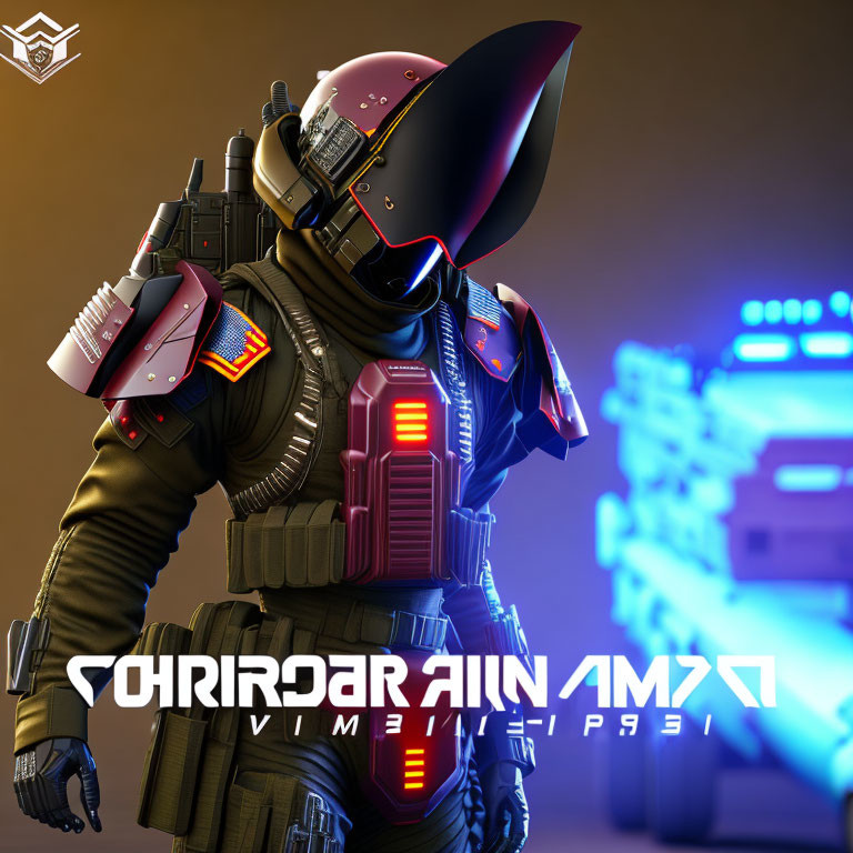 Futuristic soldier in advanced armor with neon lights and cybernetic enhancements