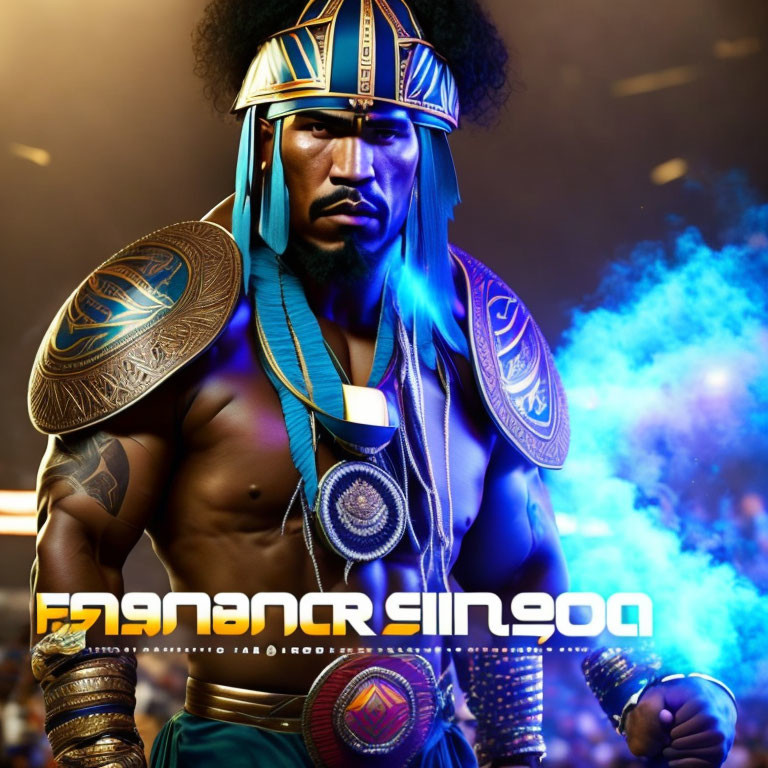 Muscular warrior in blue and gold armor with tribal patterns in battle-ready pose.