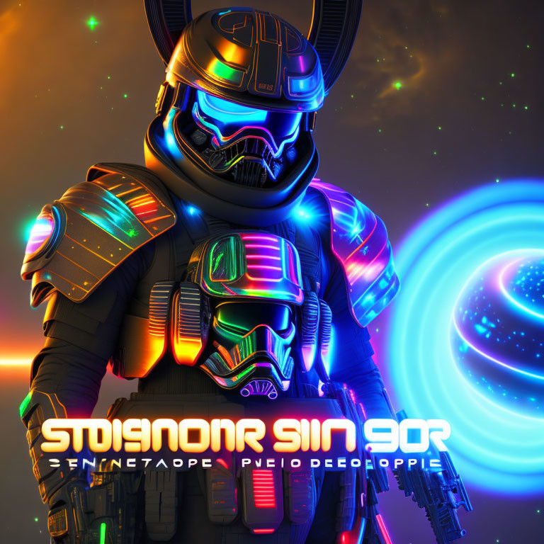 Futuristic armored figure with neon lights in swirling galaxy backdrop