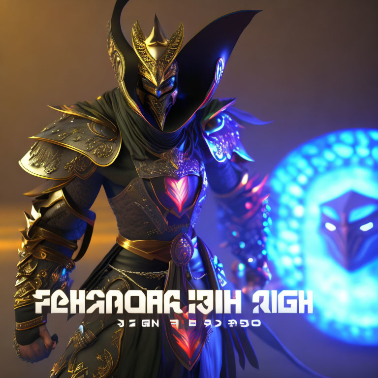 Armored character with glowing eyes and symbol sphere on warm-toned backdrop