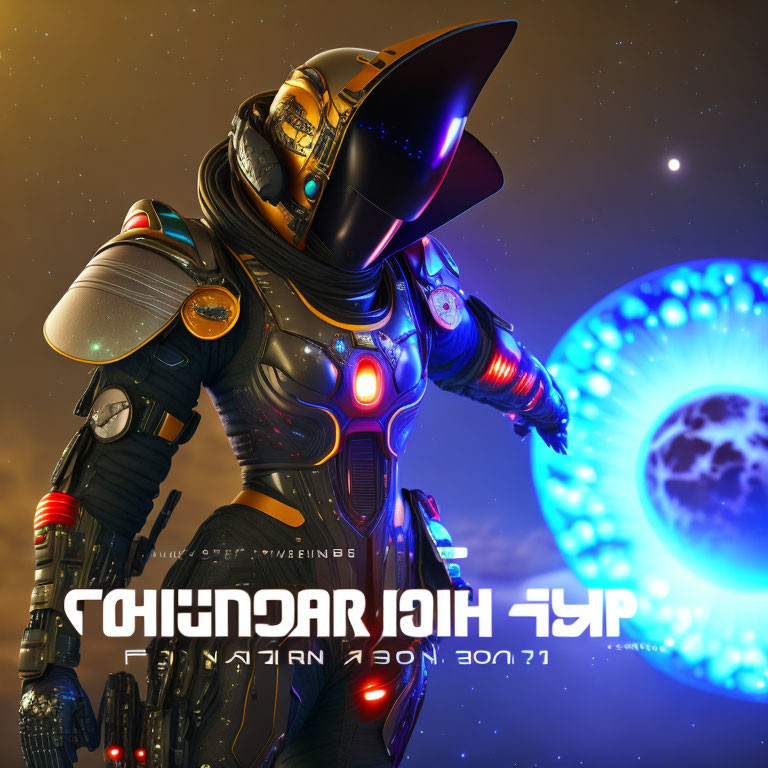 Armored astronaut under starry sky with alien text and glowing orb