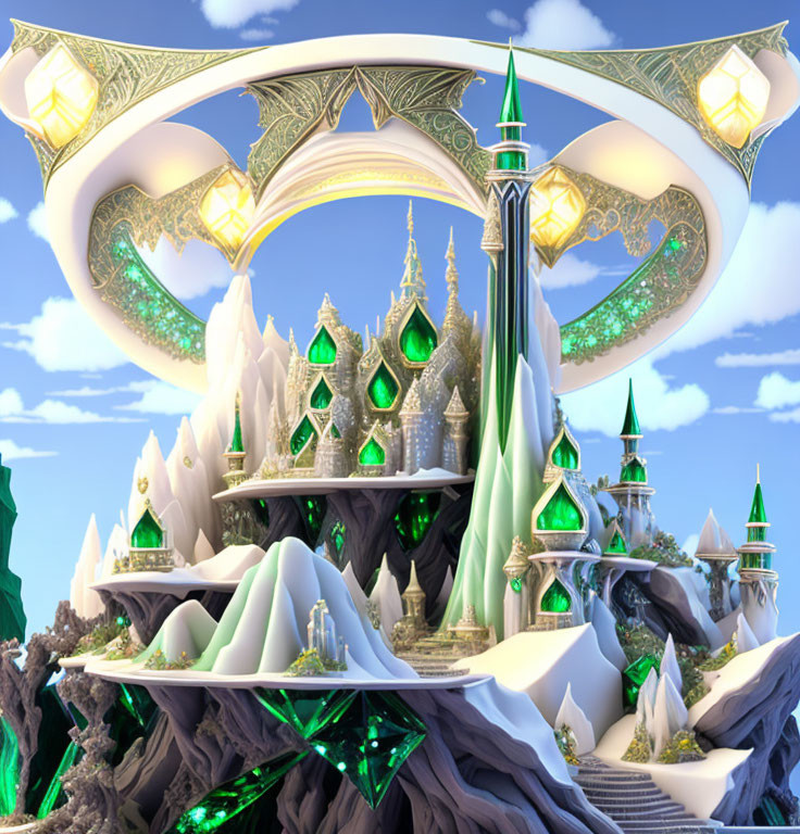 Crystal Palace with Emerald Accents on Snowy Peaks and Floating Lamps