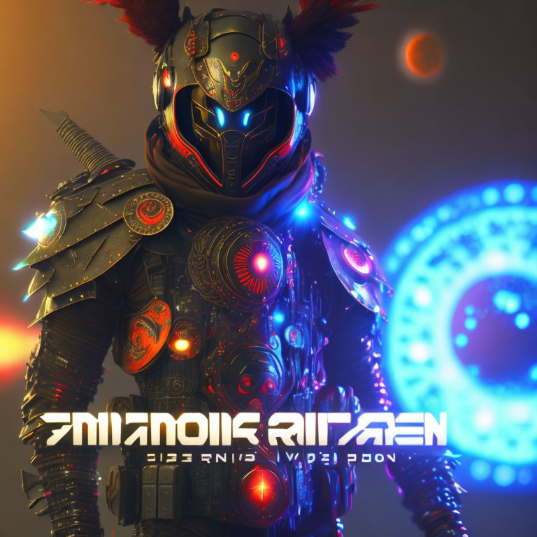 Futuristic warrior in ornate armor with glowing lights on ethereal backdrop