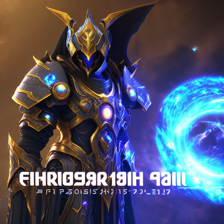 Armored figure with glowing blue accents in front of swirling galaxy and alien script