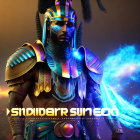 Muscular warrior in blue and gold armor with tribal patterns in battle-ready pose.