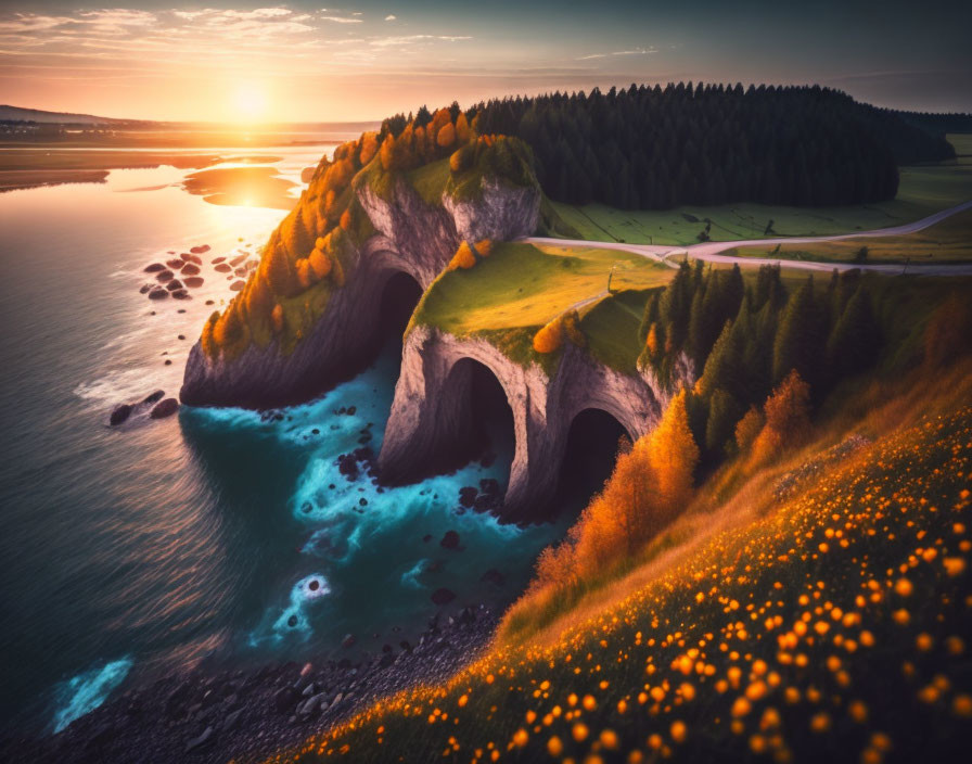 Scenic Coastal Landscape at Sunset with Meadow, Sea Arches, Turquoise Waters, and Forest Area