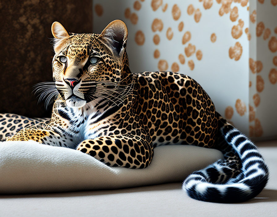 Spotted leopard resting with raised head and long tail