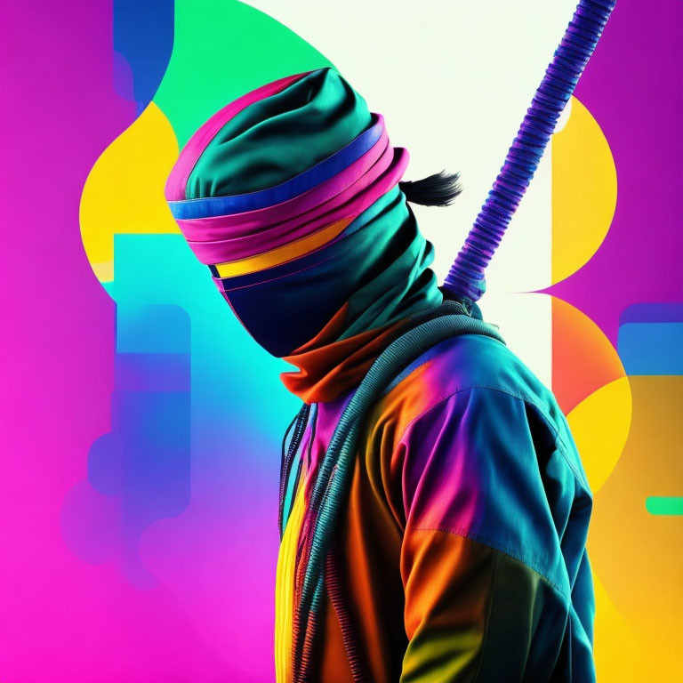 Colorful Ninja Attire with Sword on Vibrant Background