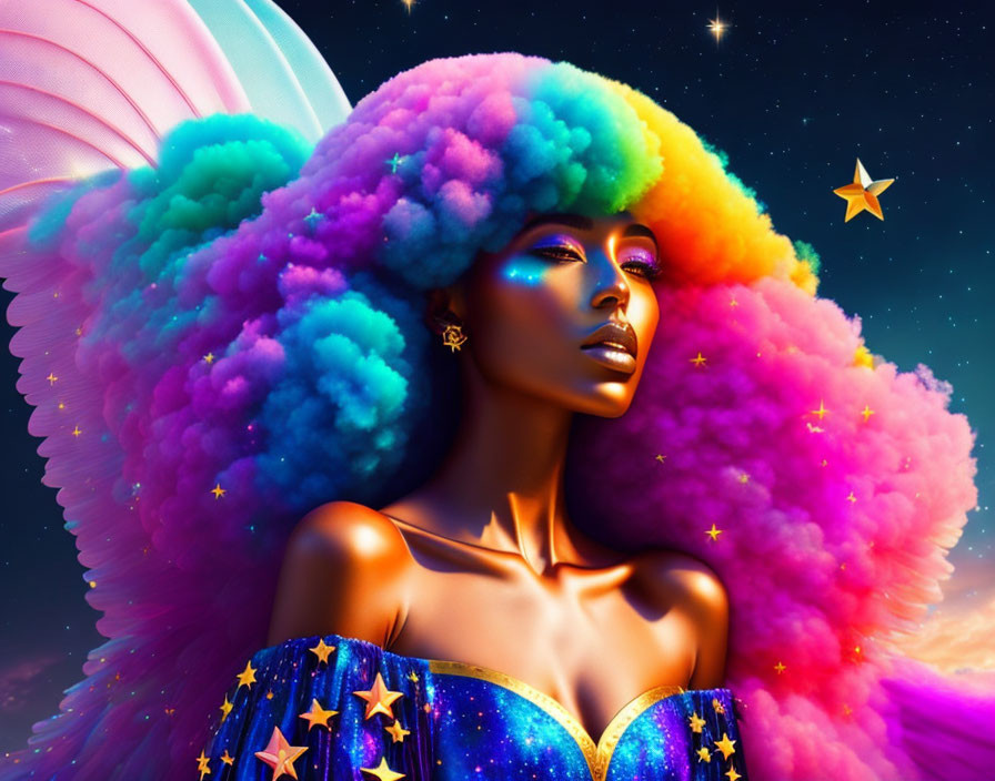 Colorful illustration: woman with cloud-like hair, star-themed accessories, celestial background.