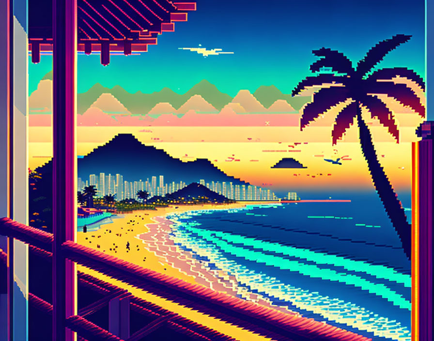 Pixel art of beachfront city at sunset with palm trees, mountains, ocean, and colorful sky