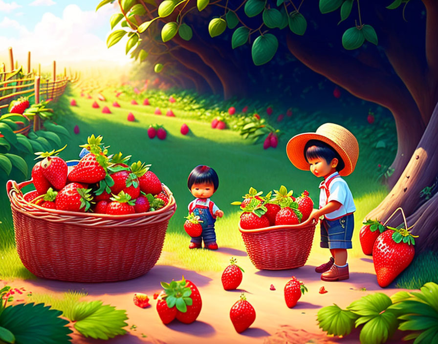 Animated children in vibrant strawberry field with ripe berries and lush greenery