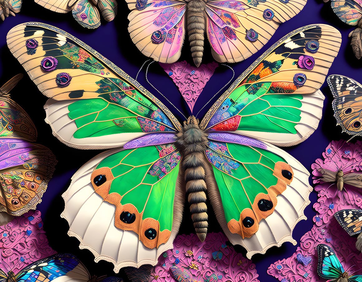 Colorful Butterfly Artwork on Deep Purple Background