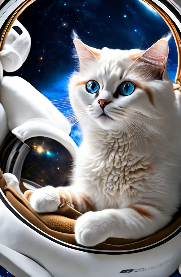 White Cat with Blue Eyes in Astronaut Helmet Surrounded by Stars