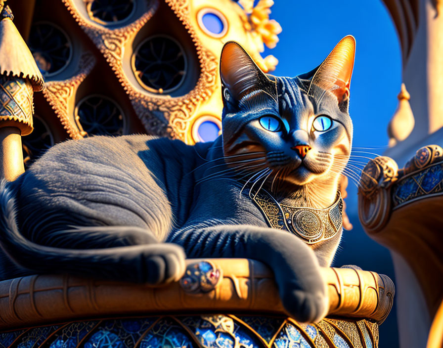 Majestic 3D animated cat with blue eyes and jewelry on golden throne