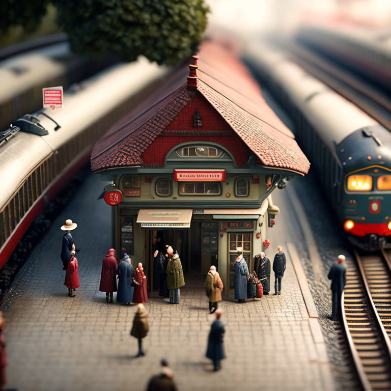 Vintage Railway Station Model with Red-Roofed Building & Old-Fashioned Passengers