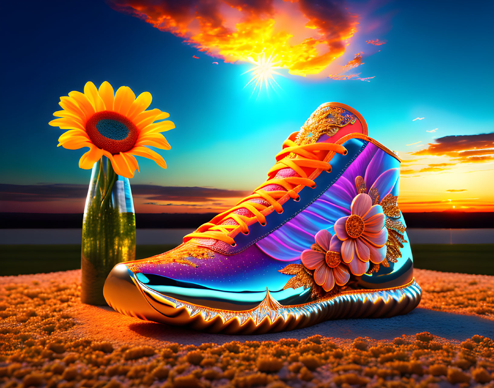 Colorful Floral Pattern Sneaker on Sunflower Background