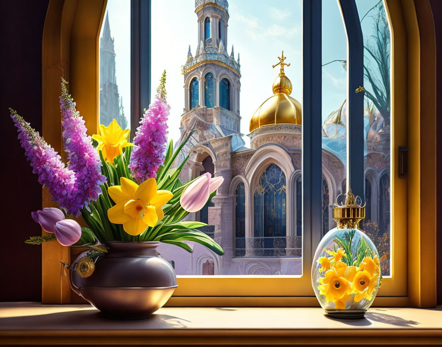 Colorful bouquet and glass container on window sill with cathedral view