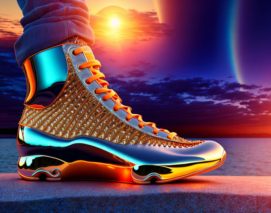 Colorful Futuristic Sneaker Against Sunset Sky with Aurora Borealis