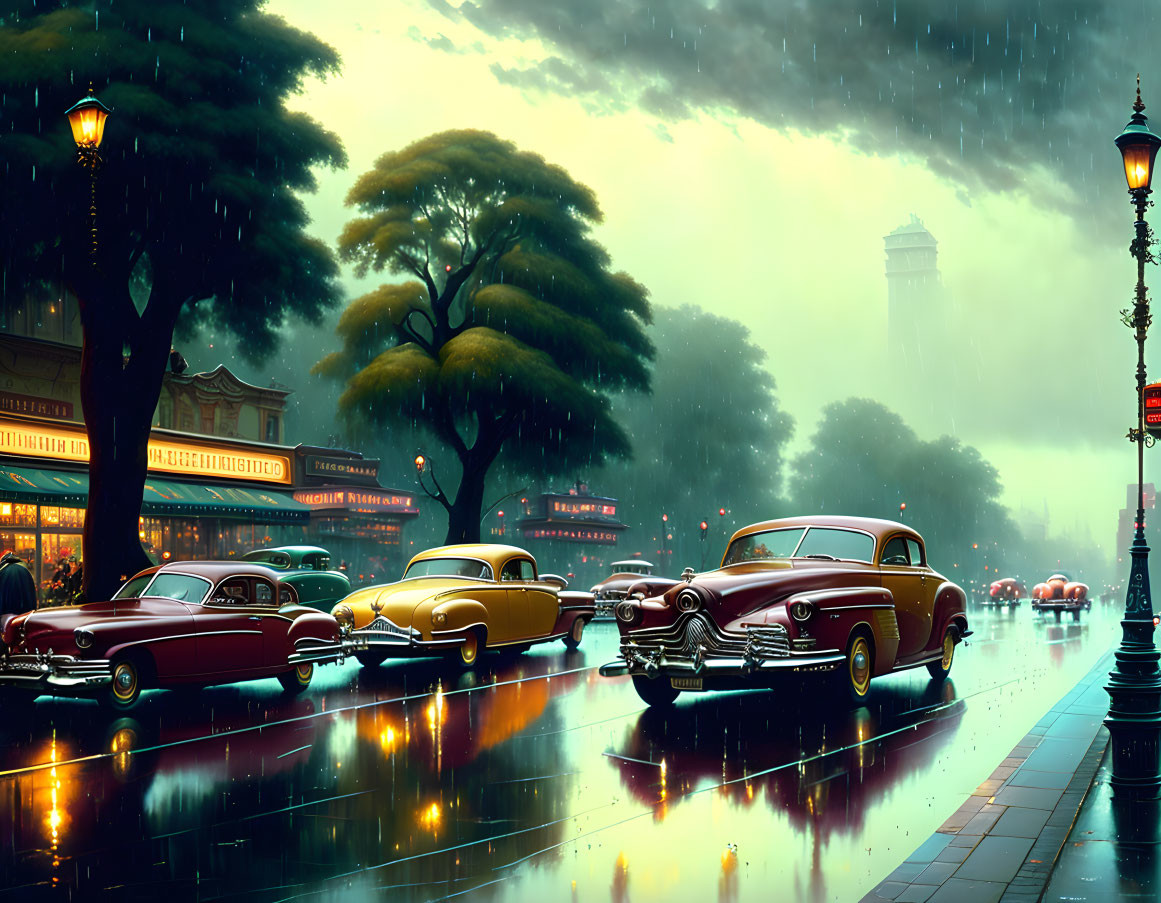 Nostalgic street scene with classic cars in rain