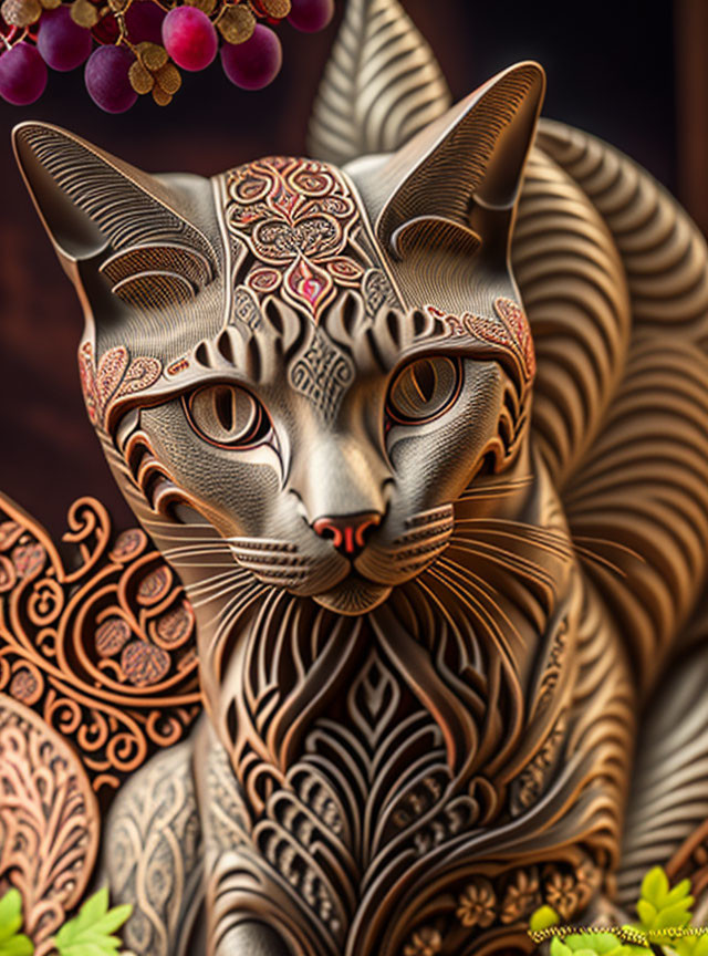 Metallic Cat Sculpture with Swirls and Floral Motifs on Blurred Berry Background