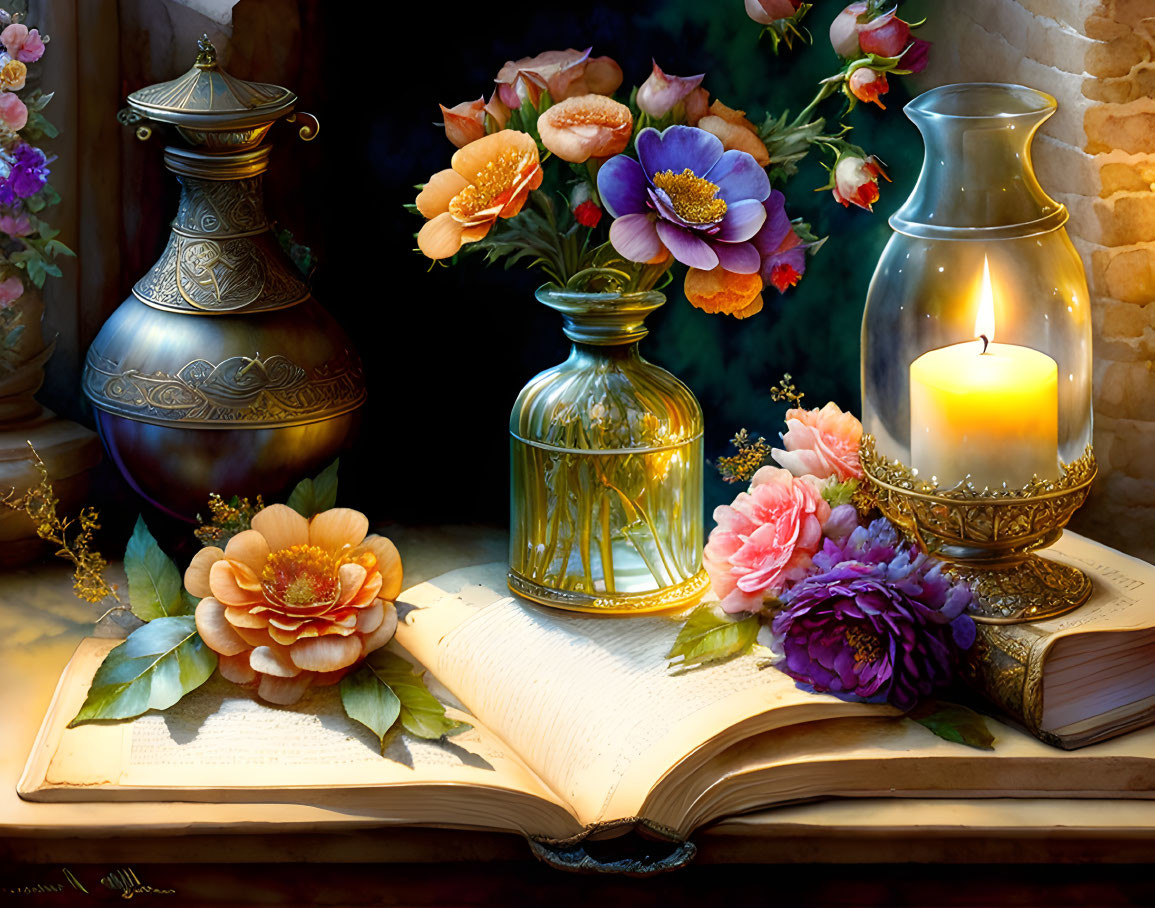 Open book with candle, flowers, and vases on rustic background