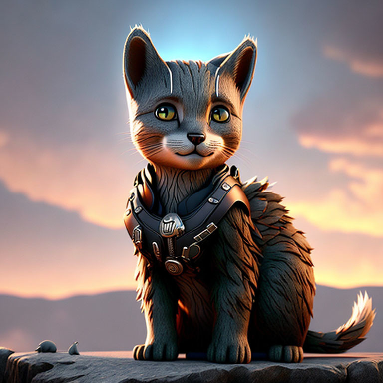 Animated kitten in futuristic harness on rock at sunset