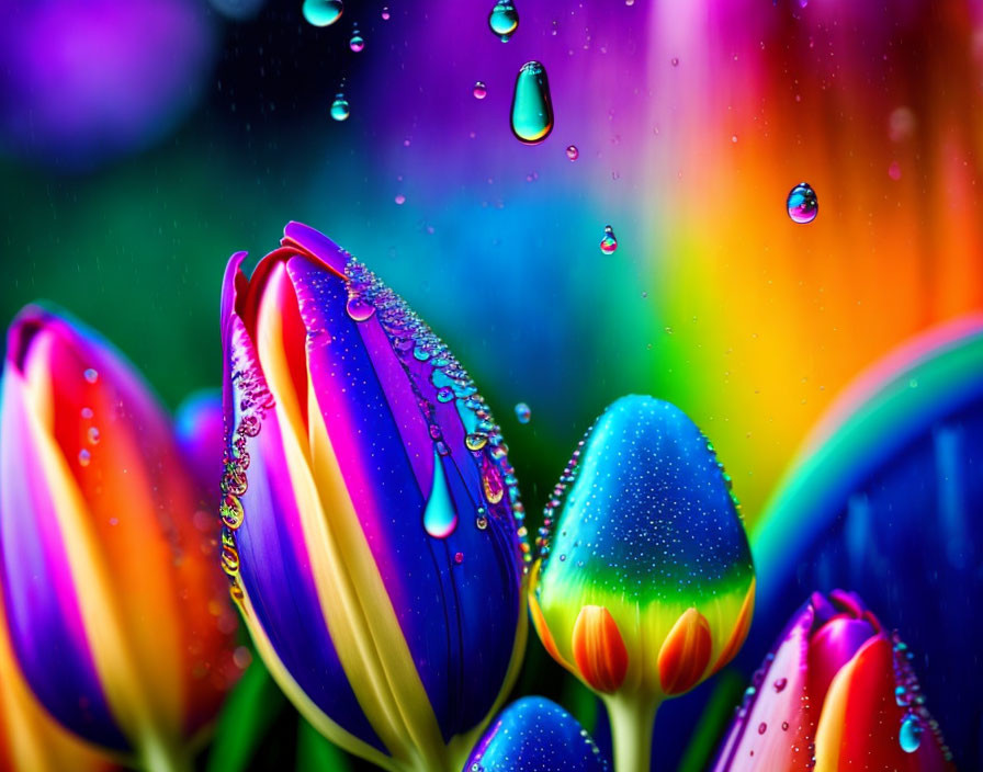 Colorful Tulips with Water Droplets on Blurred Background