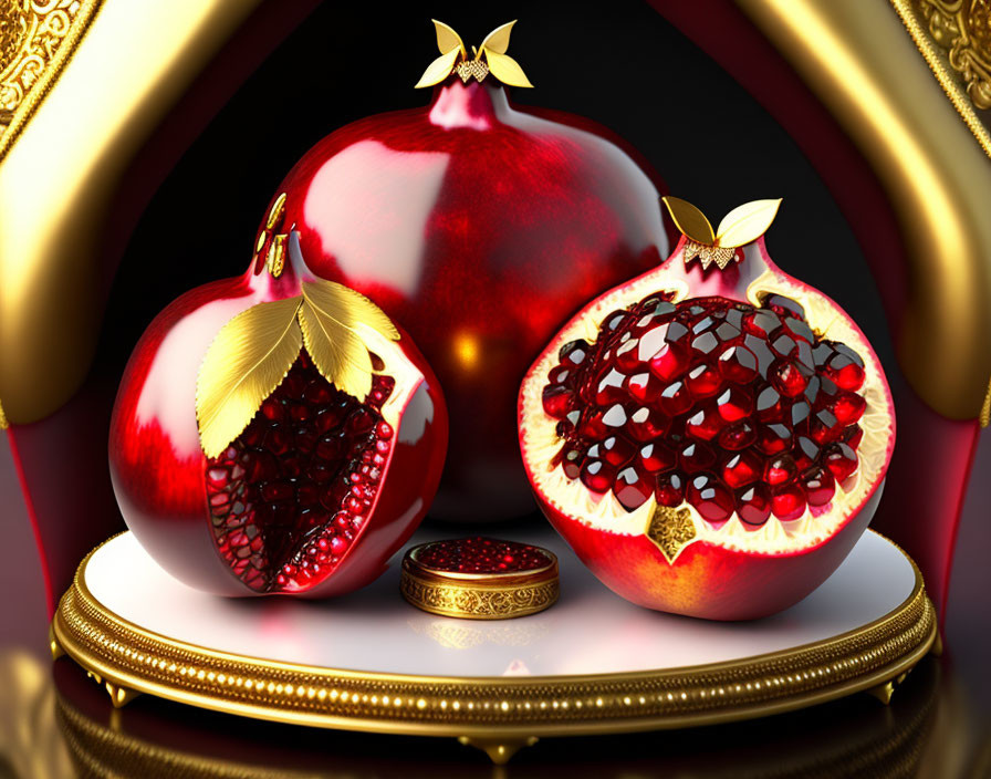 Golden-trimmed pomegranates with red seeds on crimson backdrop