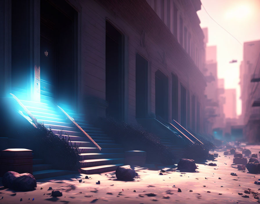 Urban street scene with glowing stairs and debris in sunlight