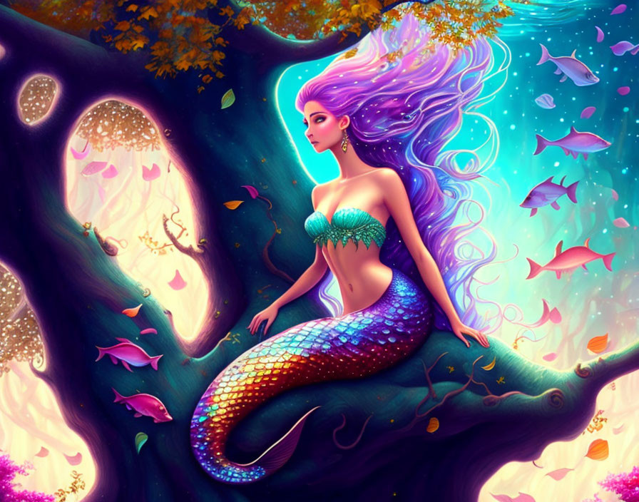 Vibrant mermaid illustration with purple hair in enchanted forest