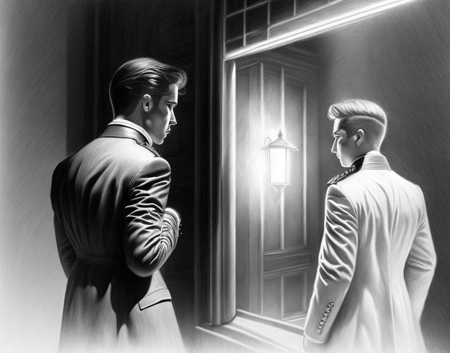 Monochrome drawing of man in suit with mirror reflection in dark room