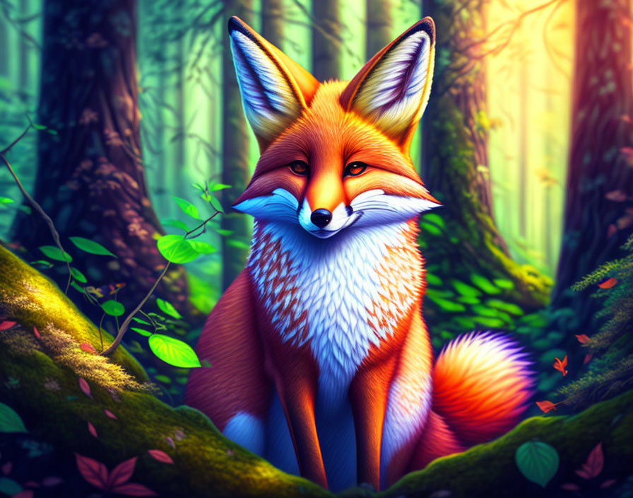 Digital Art: Red Fox in Forest with Blue Light