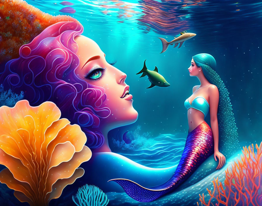 Digital artwork featuring vibrant mermaids in underwater scene